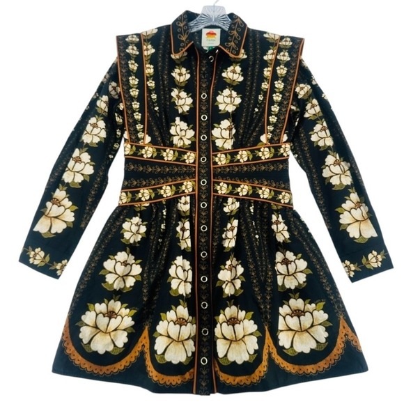 Farm Rio Black Bold Flowers Long Sleeve Mini Dress S NWOT - Picture 3 of 16